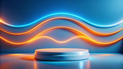 White Podium with Orange and Blue Glowing Edge and Minimal Blue Electric Waves