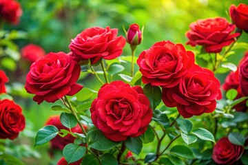 Obraz premium Delicate red roses bloom on a lush green bush in a serene garden, exuding elegance and symbolizing love, perfect as a romantic bouquet or gift backdrop.
