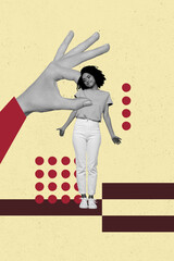 Vertical photo collage of dissatisfied american girl hand dictator hold marionette puppet mental...