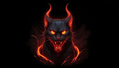 A demonic black cat with glowing red eyes and horns, surrounded by fiery flames