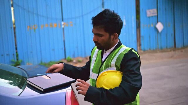 Foreman Writing Notes stands beside a car