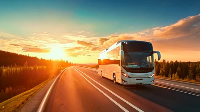 modern tourist bus drives along the highway at a bright sunset.