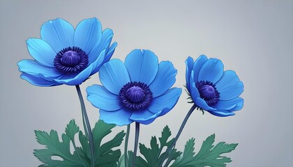 Blue anemone flowers with purple centers against a light background