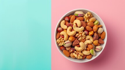 A Bowl of Mixed Nuts on a Blue and Pink Background