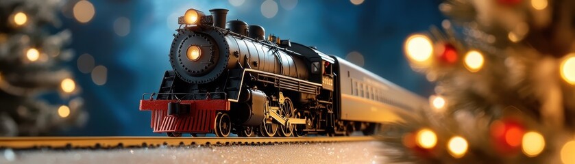 Naklejka premium A Christmas train set running around a decorated tree, evoking a sense of nostalgia and holiday cheer