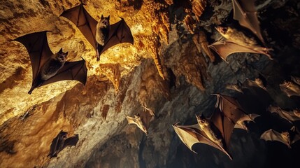 Bats cling to the cave ceiling, their detailed wings and feathers shimmering in the low light. The sight is both haunting and beautiful,