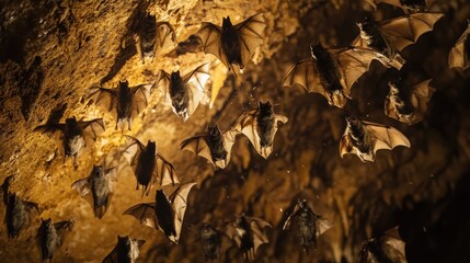 Bats cling to the cave ceiling, their detailed wings and feathers shimmering in the low light. The sight is both haunting and beautiful,