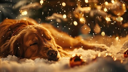 Purebred Golden Retriever Relaxing by Christmas Tree on Snowy Night