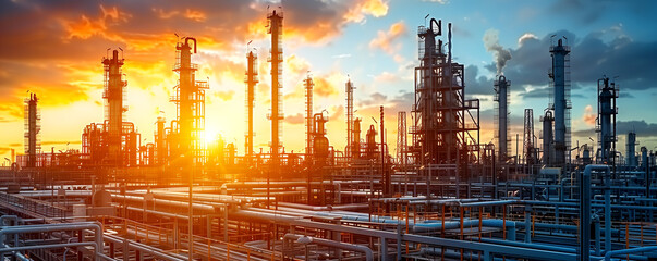 Obraz premium A large industrial city with many tall buildings and a beautiful sunset in the background. The sky is filled with clouds, giving the scene a serene and peaceful atmosphere