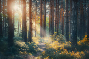 Sunrise in the Forest - A Beautiful Pathway Through Trees - Photo