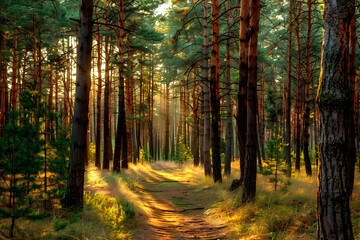 Obraz premium Sunlit Forest Path - Realistic Image