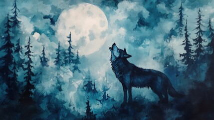 On a full moon night, a majestic wolf howls, its voice echoing through the mysterious forest. The moonlight illuminates the scene,