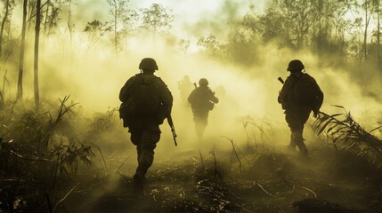 Soldiers clad in military uniforms navigate the smoke-filled forest battlefield, guns at their sides. The environment is harsh and unforgiving,