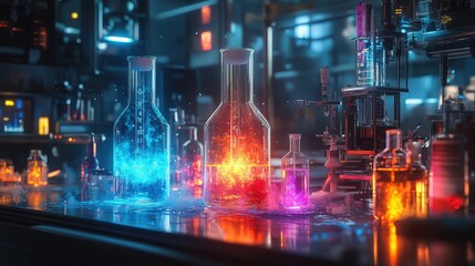 Glowing Glass Flasks Filled with Colorful Liquids in a Laboratory