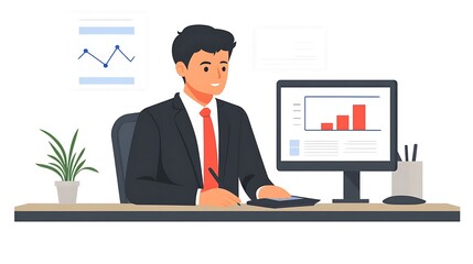 Fototapeta premium A young South Asian man in a suit works diligently at his desk, analyzing financial charts on a computer screen with a confident smile.