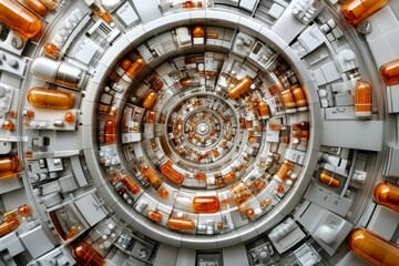 Obraz premium Circular arrangement of capsules and pills creating a vortex like pattern symbolizing the overwhelming presence of pharmaceuticals in modern life captured in a dynamic detailed image