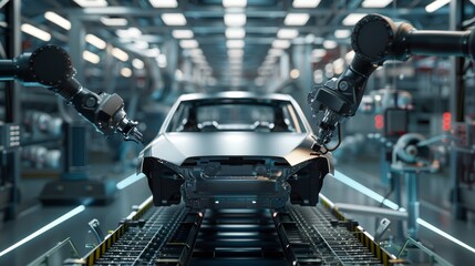 Obraz premium Robotic arms ensuring flawless car part finish in controlled painting environment