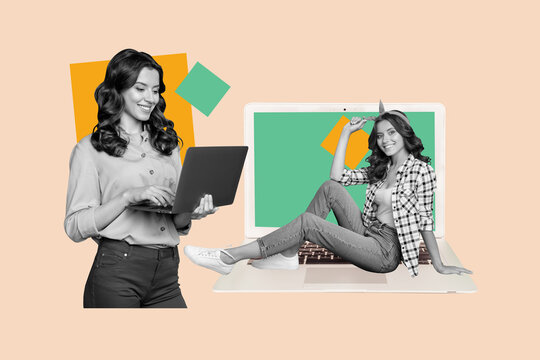 Creative trend collage of two funny friends colleagues working process laptop freelancers video call weird freak bizarre unusual fantasy