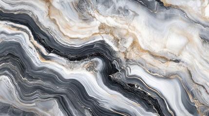 Abstract Swirling Pattern of Black, White, and Gold Marble
