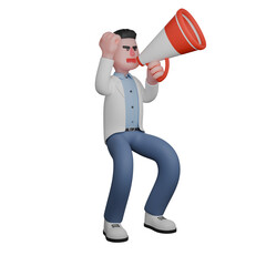 Professional Doctor in 3D. Male Character Kneeling While Holding a Megaphone. Male