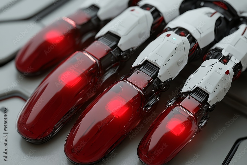 Aufkleber robotic fingers with red led lights touching capsules symbolizing the precision and control in moder