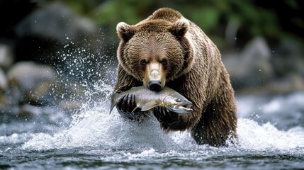 Obraz premium Grizzly Bear Catching Salmon in River