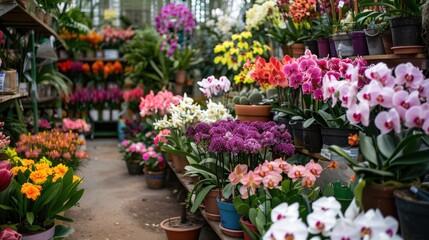 Fototapeta premium A Colorful Display of Orchids and Flowers in a Greenhouse