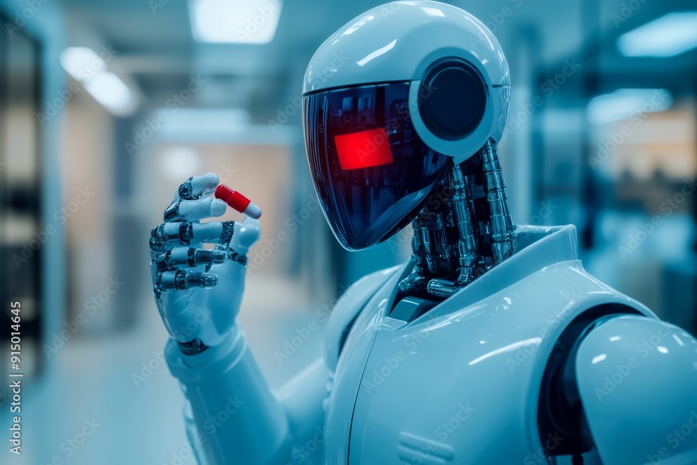 Aufkleber humanoid robot with a red visor holding a single capsule symbolizing the role of ai in modern medici
