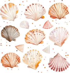 Watercolor Seashells on a Sea Green Background with Floating Dots