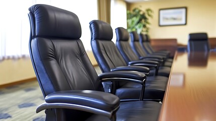 A row of sleek black leather chairs in a modern conference room, designed for professional meetings, showcasing a clean and polished atmosphere.