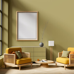 Minimalist livinig room with wooden  furnitures. Mock up poster frame in Scandinavian style interior. 3D illustration