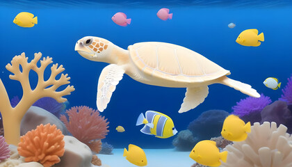 Naklejka premium white sea turtle swimming in an underwater scene with colorful coral 3