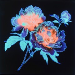 Neon Peony Flowers in Black Background.