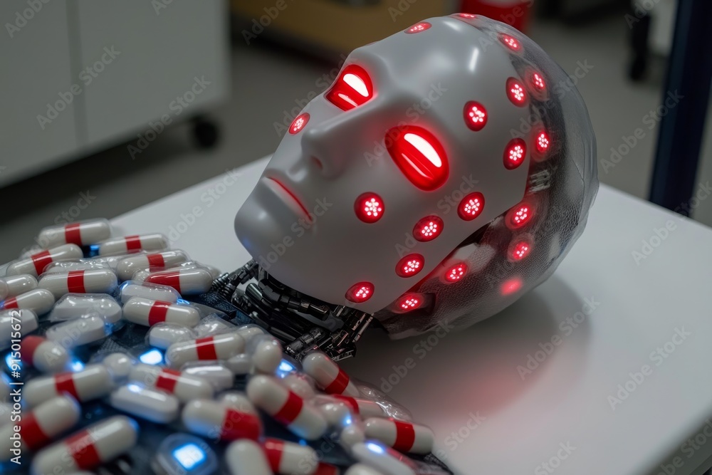 Poster humanoid robot with glowing red lights on its head lying on capsules symbolizing the intersection of