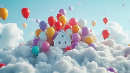 Whimsical Floating House with Colorful Balloons: A Dreamy Representation of Freedom and Imagination
