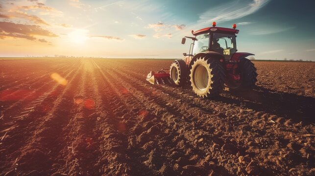 Tractor cultivating expansive field under beautiful sky   realistic wide angle shot
