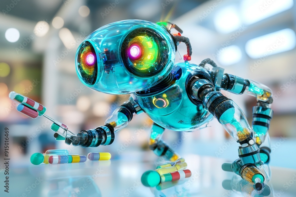 Poster robot like figure with colorful capsules symbolizing the fusion of ai and pharmaceuticals captured i