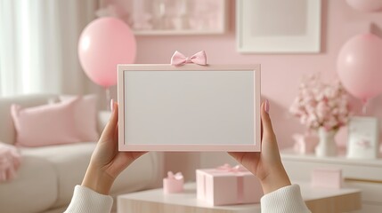 Obraz premium Charming Pink Room with a Blank Frame and Balloons: Perfect for Celebrating Birthdays and Special Occasions