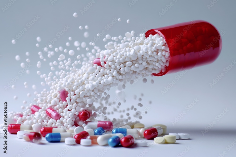Poster exploding capsule with small white and red particles symbolizing the release of active ingredients i