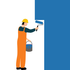 Construction worker building. Vector illustration in flat style.