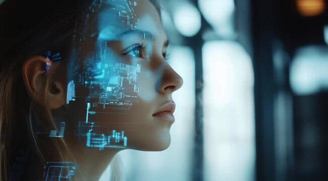 Scene of woman's face with transparent data screen, Slow motion camera with different angles