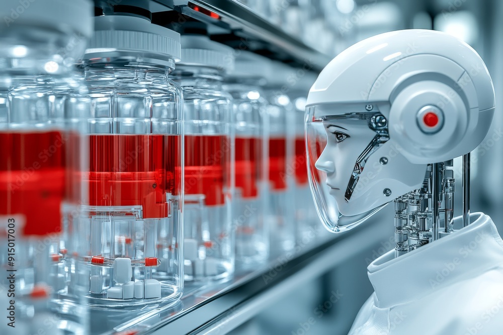 Aufkleber robotic head in a laboratory filled with vials and capsules symbolizing the precision and control in