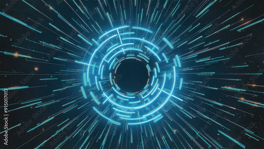 Poster dynamic blue spiral particle rays rotating light circles for events concerts visual art advertisemen