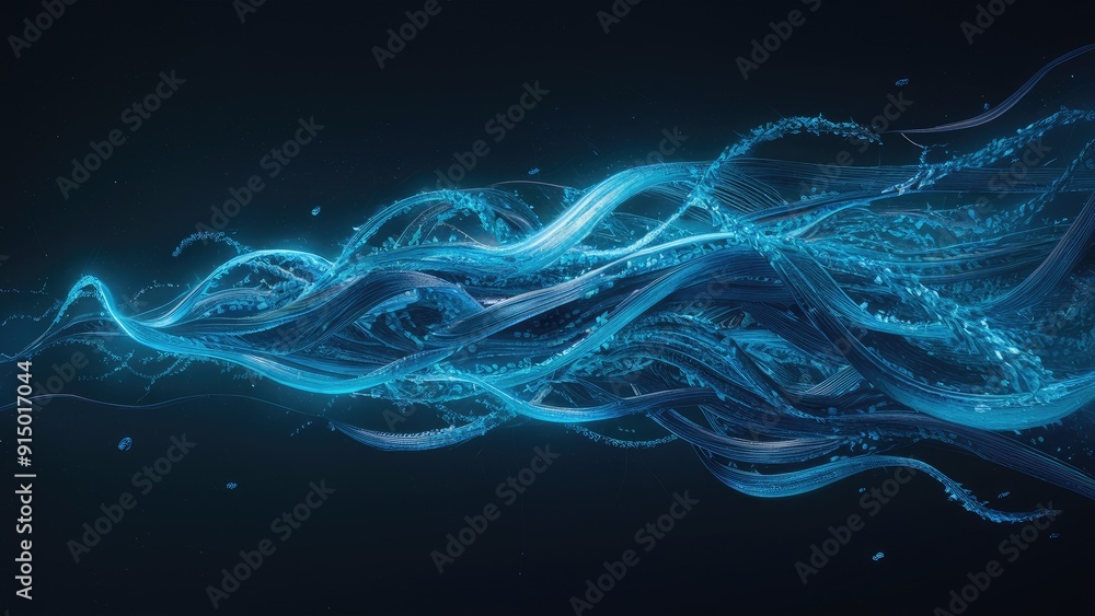 Poster futuristic blue digital particles flowing on a dark background forming a dynamic visual display