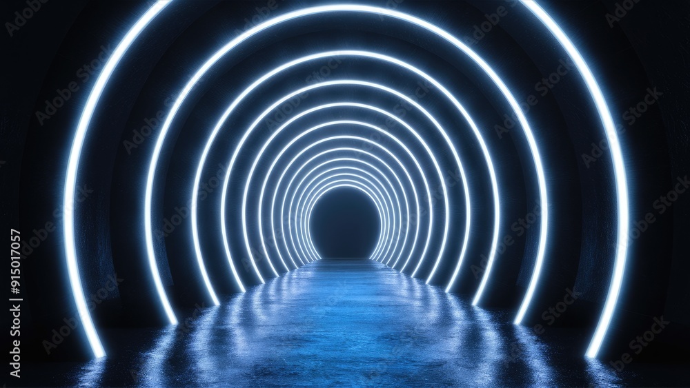Poster illuminated blue neon light tunnel in a dark environment creating depth and perspective leading to a