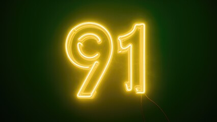 Neon Glowing Number 91 on Green Background