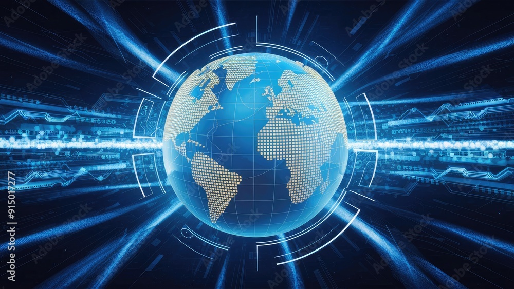 Poster data processing illustrated over a globe concept of global business and digital interface in a digit