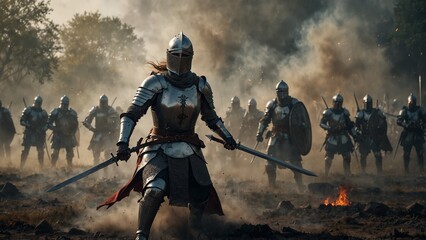 A medieval female knight fighting bravely on the battlefield, surrounded by smoke and fallen enemies.