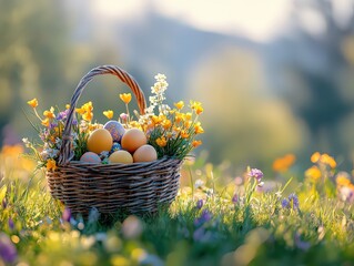 basket of Easter eggs resting in a field of fresh green grass and spring flowers. - Powered by Adobe