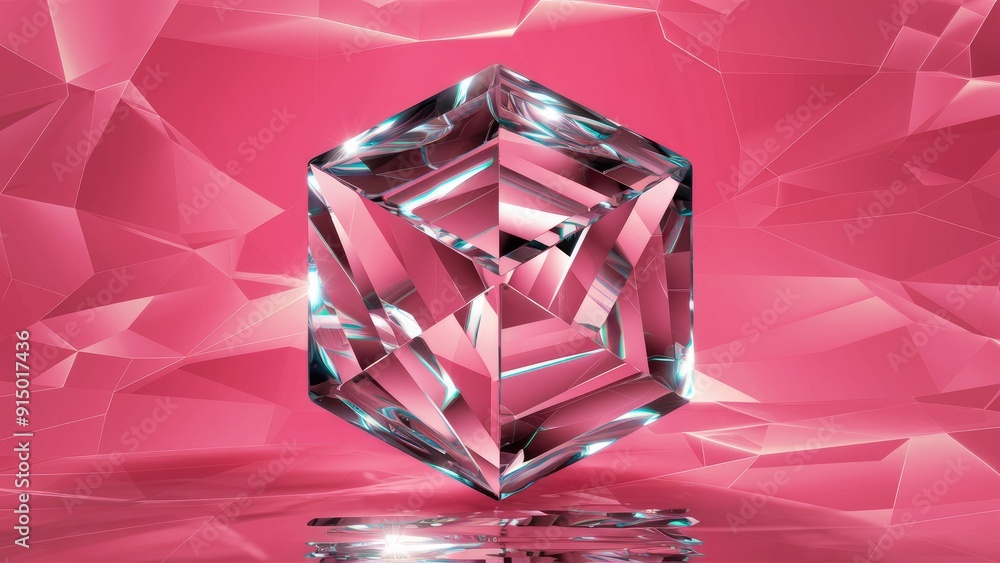 Poster elegant modern 3d rendering of crystal cube structure with pink background featuring geometry refrac